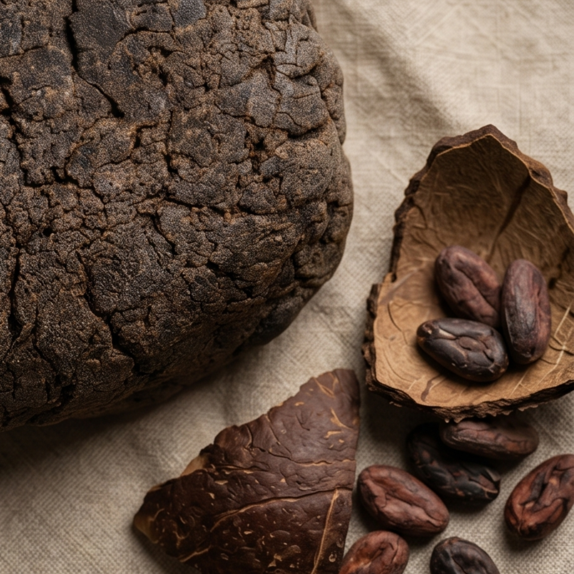 Dried cocoa beans and a piece of cacao shell on a textured surface all sitting next to a piece of african black soap