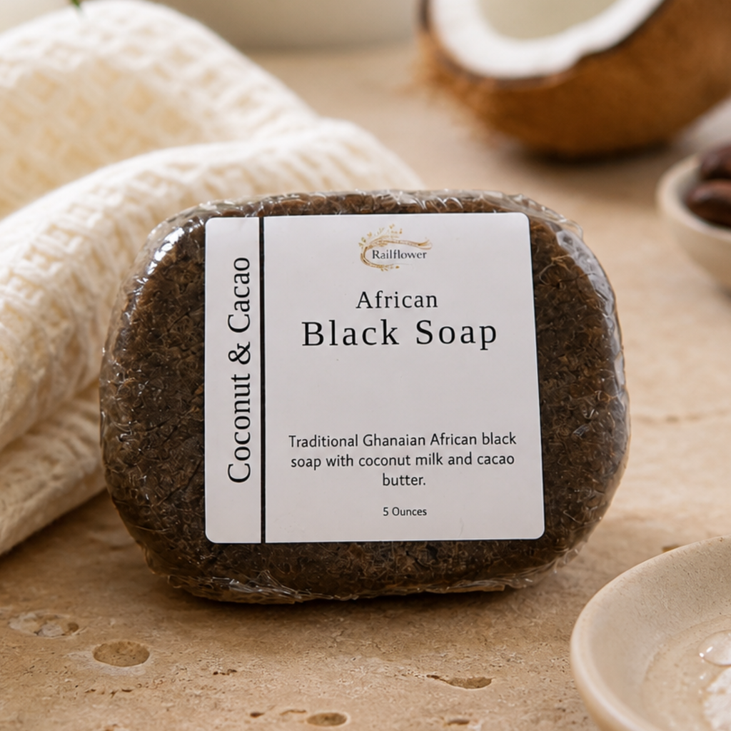 Bar of African Black Soap with a label on a textured surface