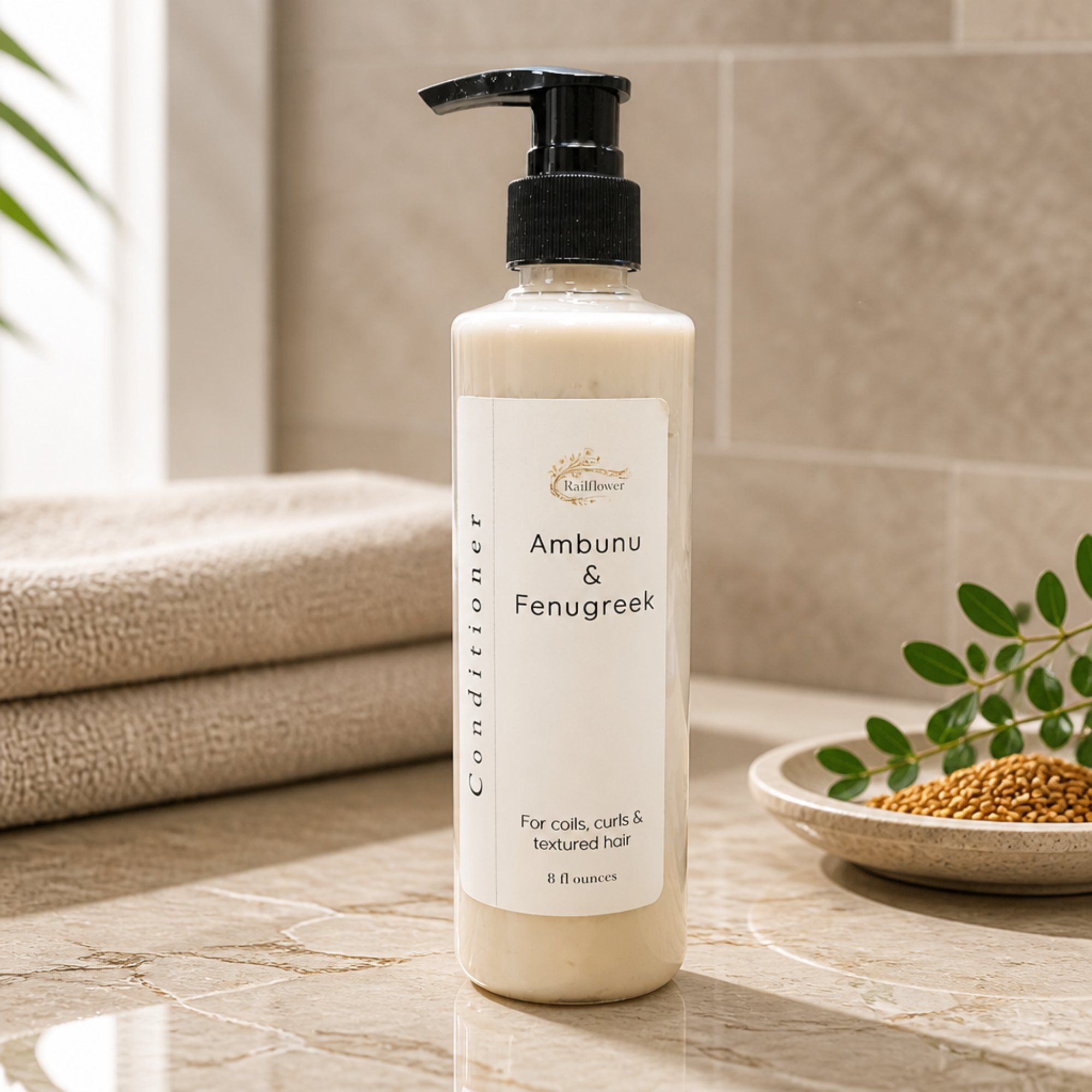 Bottle of Ambunu & Fenugreek hair care product on a bathroom counter with towels and a plant in the background.