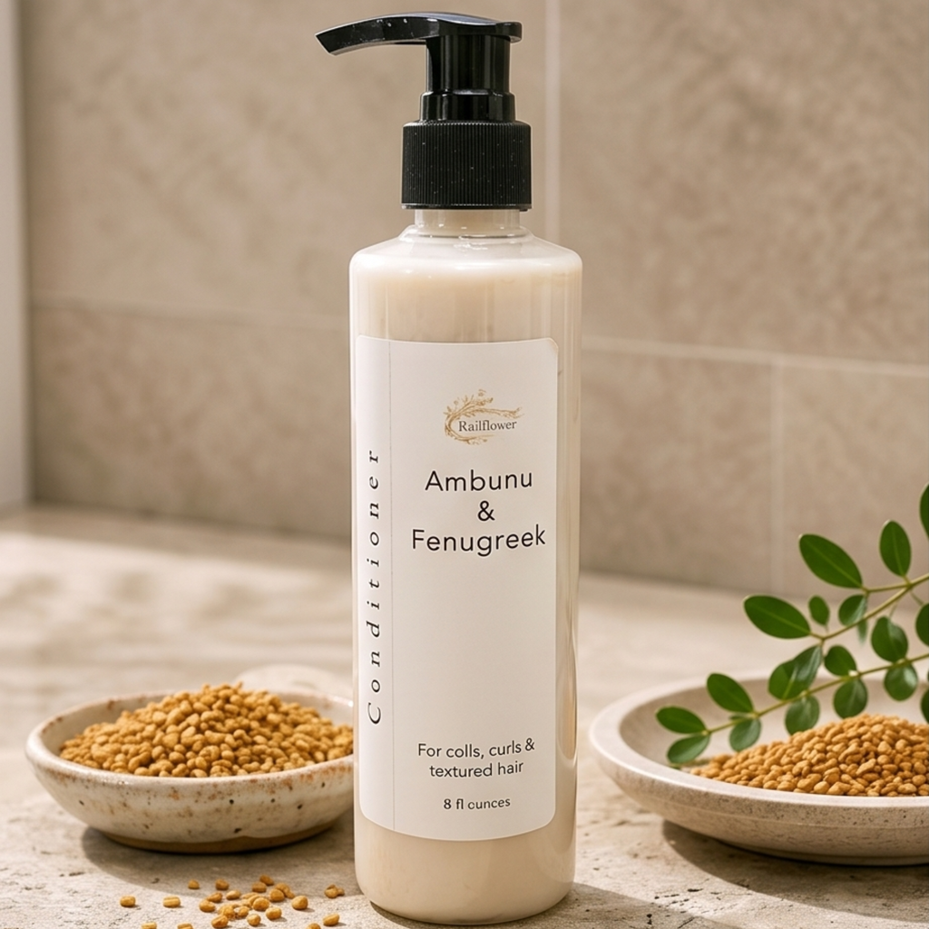 Conditioner bottle labeled 'Ambunu & Fenugreek' with bowls of seeds and a leaf on a neutral background