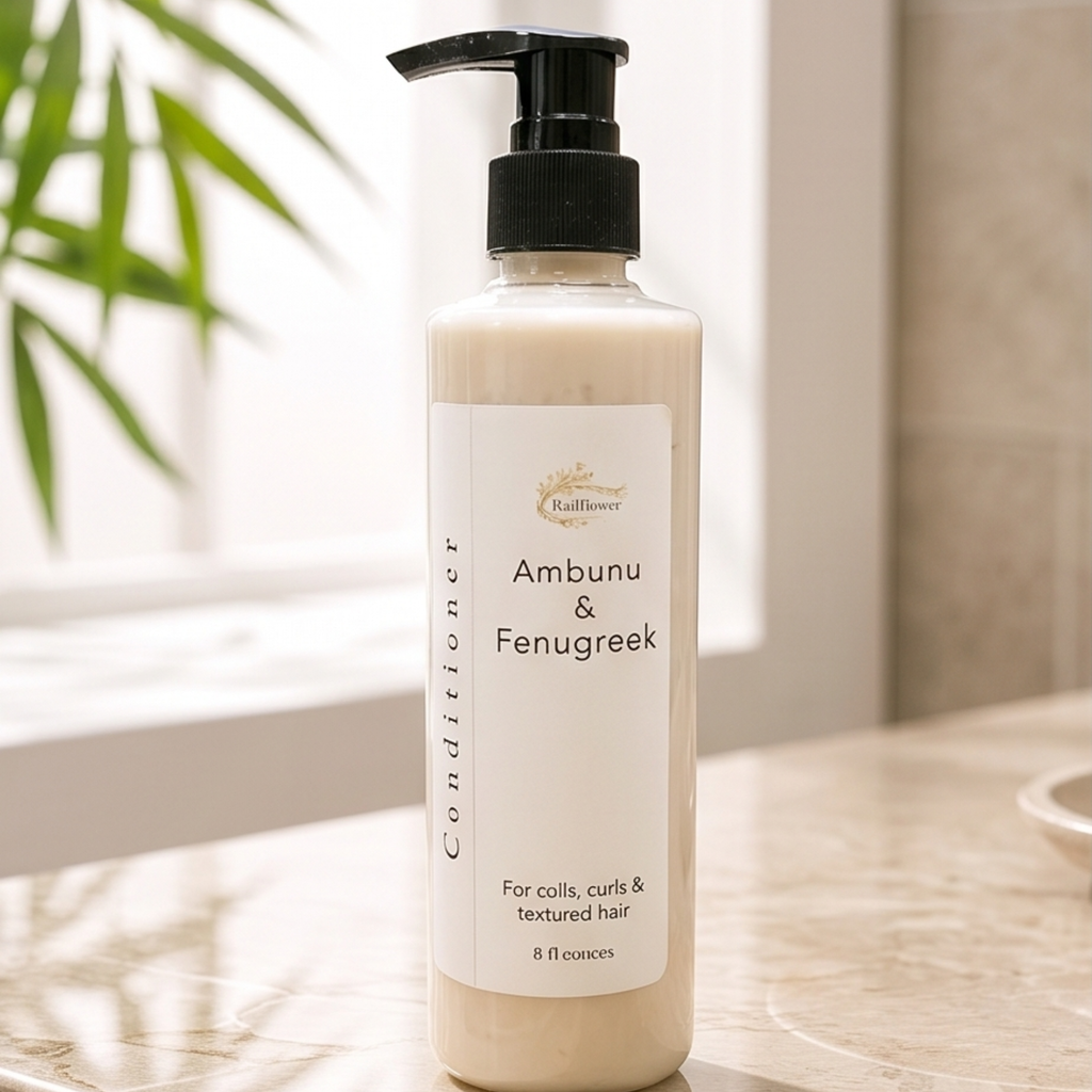 Bottle of 'Ambunu & Fenugreek' conditioner on a table with a plant in the background