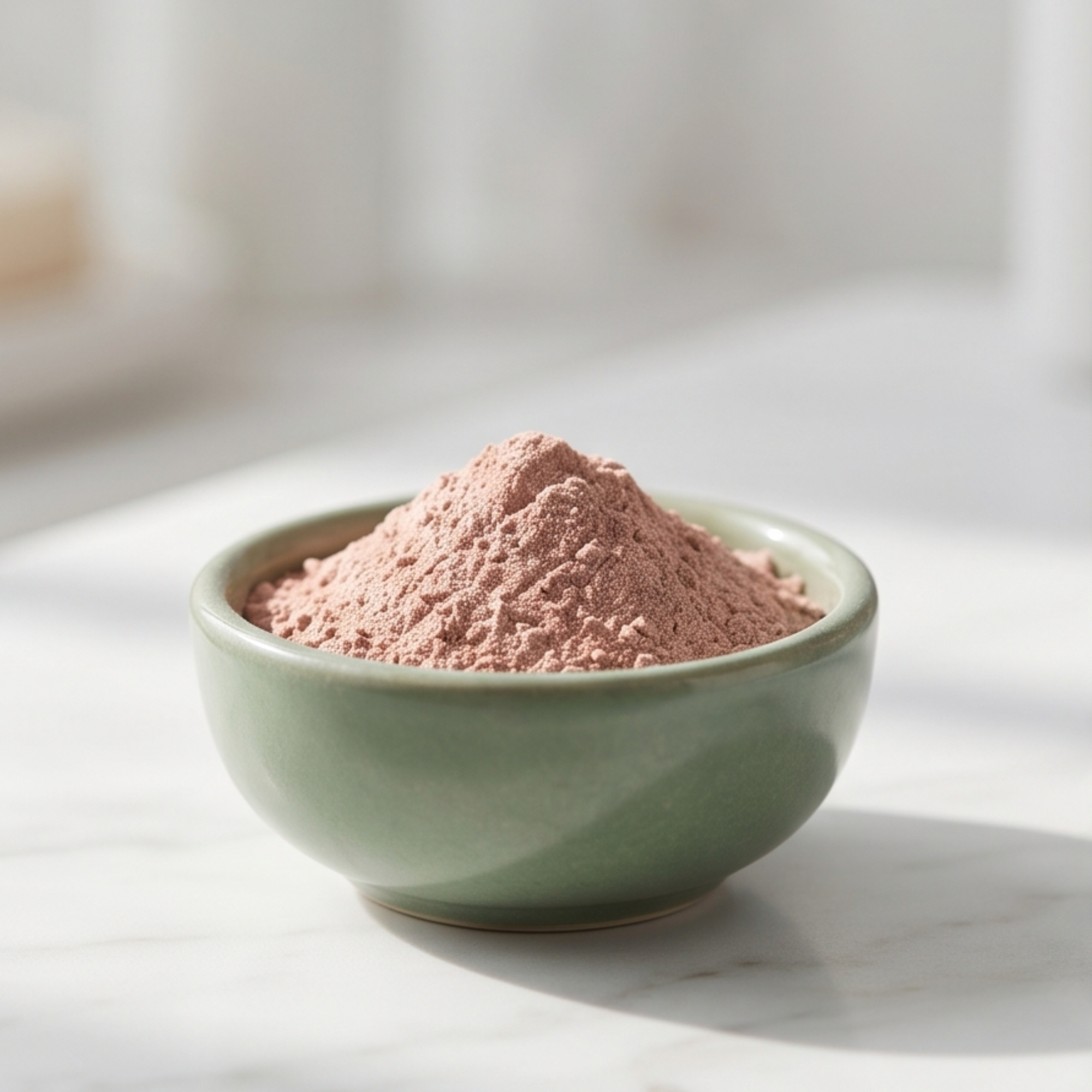 Pink powder in a green bowl on a light surface