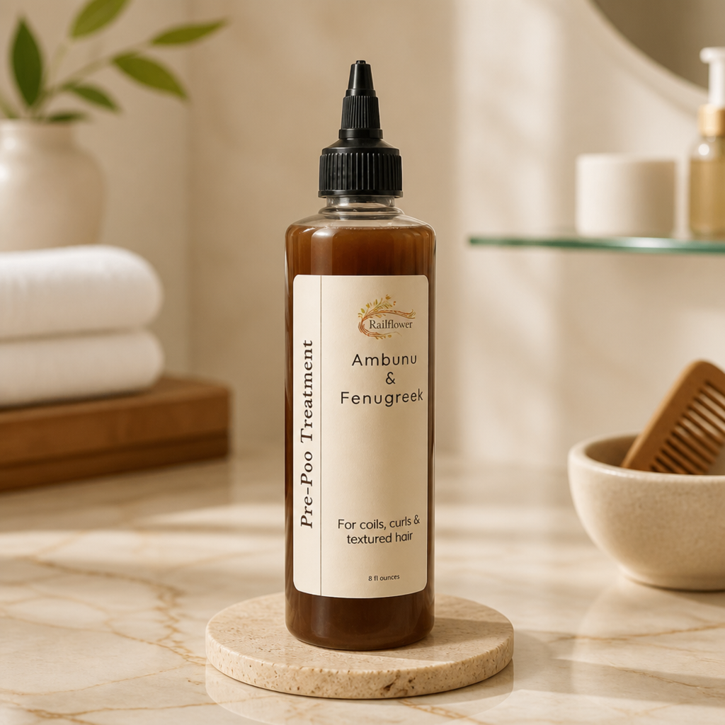 Bottle of Ambunu & Fenugreek hair treatment on a wooden stand with a neutral background