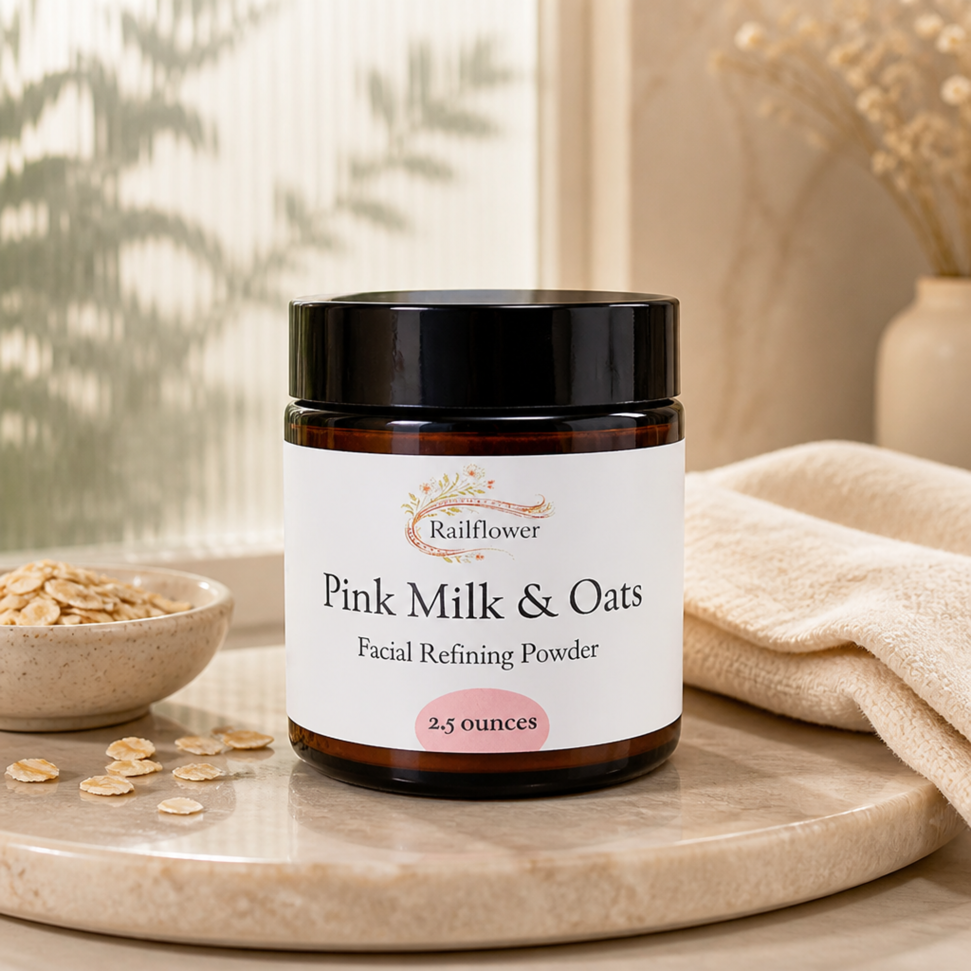 Jar of 'Pink Milk & Oats' facial refining powder by Railflower on a marble surface with a bowl of oats and towel in the background.