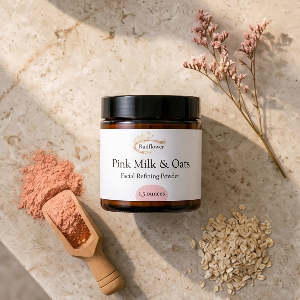 Jar of 'Pink Milk & Oats' facial refining powder with a scoop and oats on a marble surface.