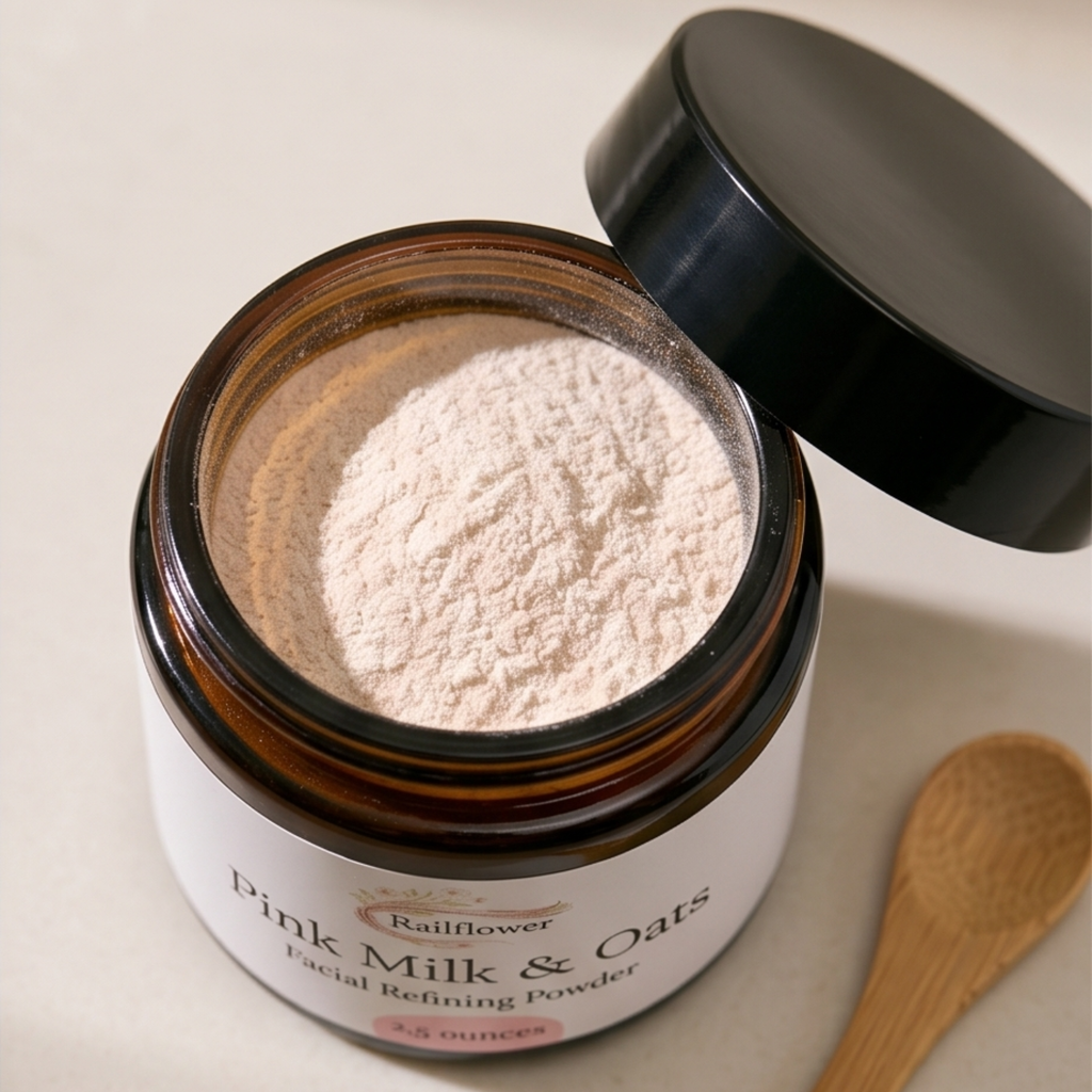 Open jar of 'Pink Milk & Oats' facial refining powder with a wooden spoon on a light background