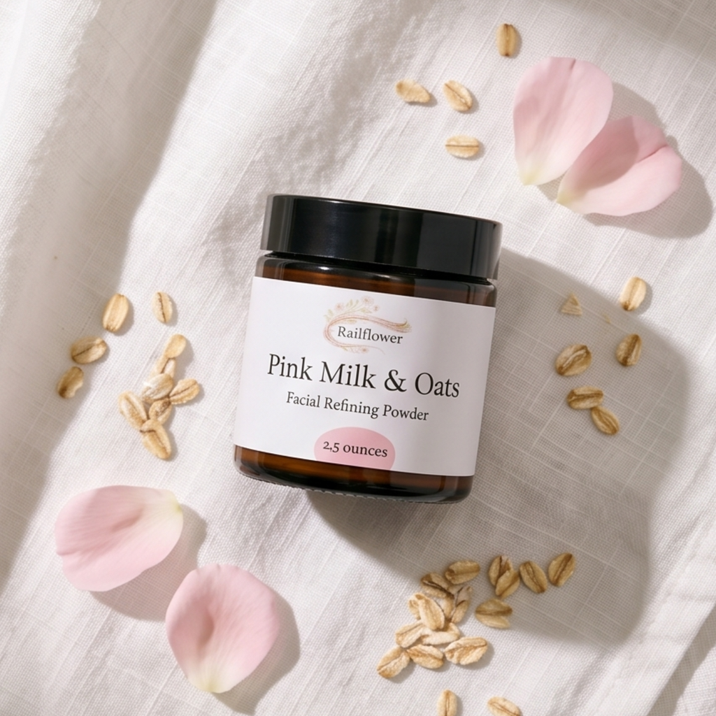 Jar of 'Pink Milk & Oats' facial refining powder with oats and pink petals on a light fabric background