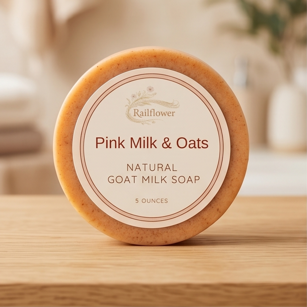 Pink Milk & Oats natural goat milk soap on a wooden surface with a blurred background