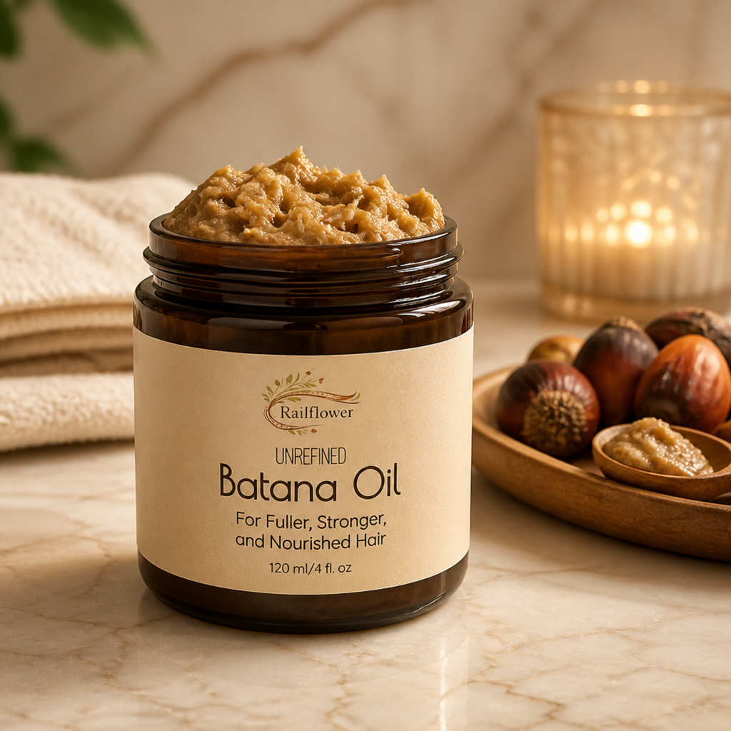 Jar of Raiflower Unrefined Batana Oil on a marble surface with decorative elements.