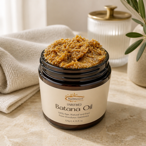 Jar of Batana Oil with a decorative background