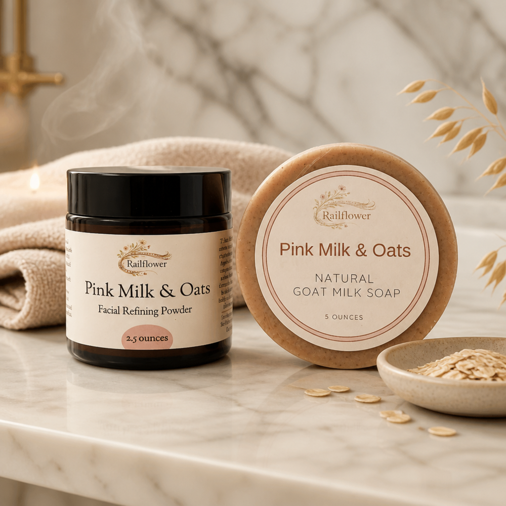Pink Milk & Oats facial refining powder and soap on a marble surface with a neutral background.