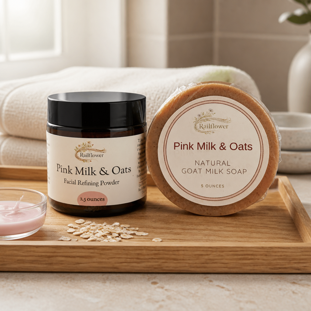 Pink Milk & Oats facial refining powder and soap on a wooden tray with a towel and glass in the background.