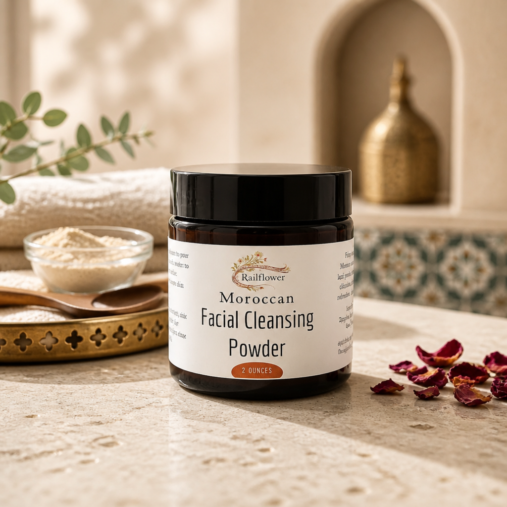 Jar of Rainflower Moroccan Facial Cleansing Powder on a bathroom counter with decorative elements.
