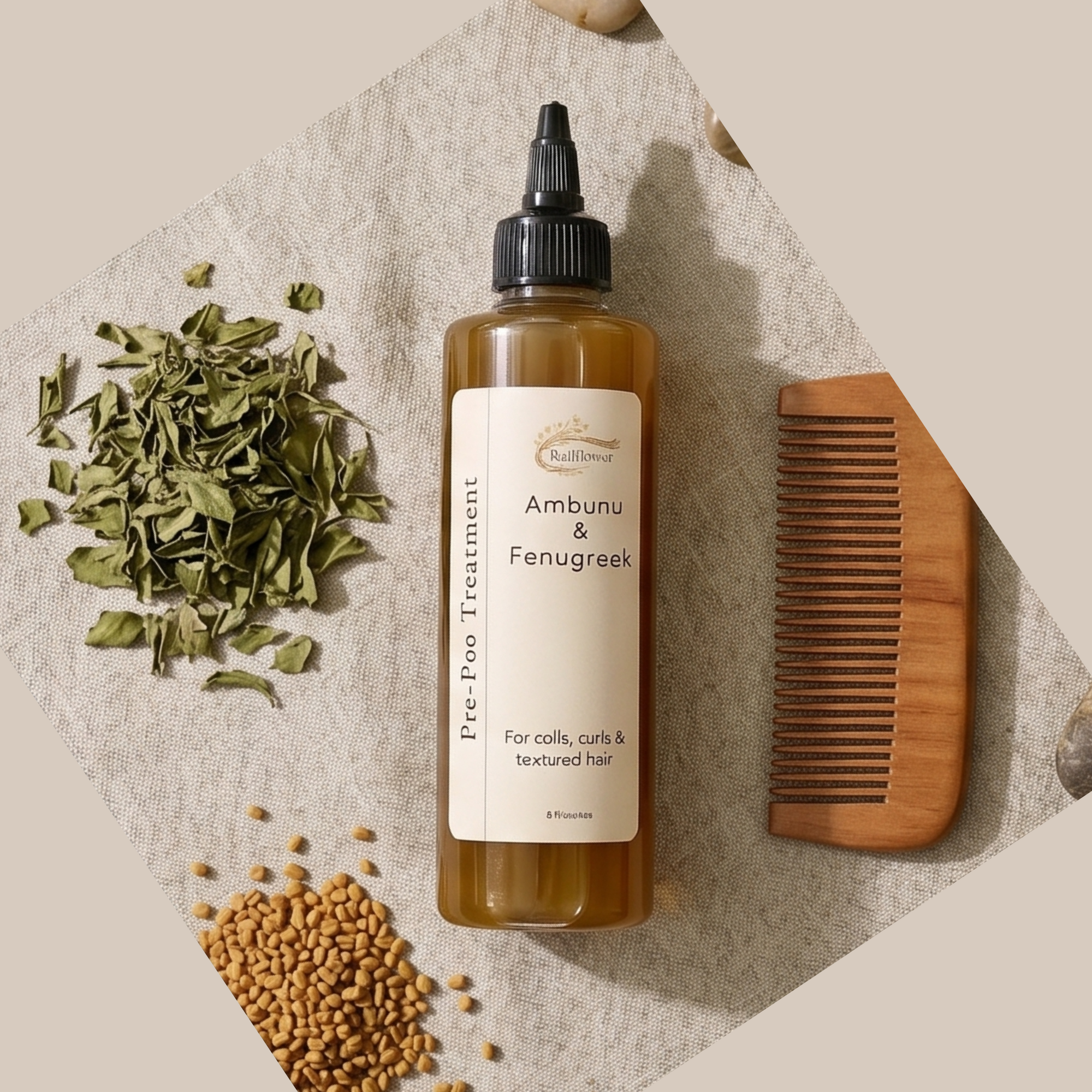 Hair treatment bottle with ingredients and a comb on a textured surface