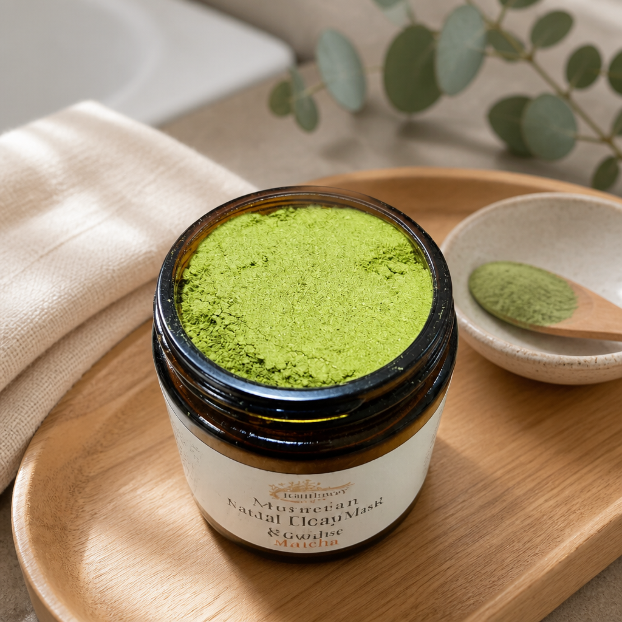 Jar of green powder on a wooden tray with a plant in the background