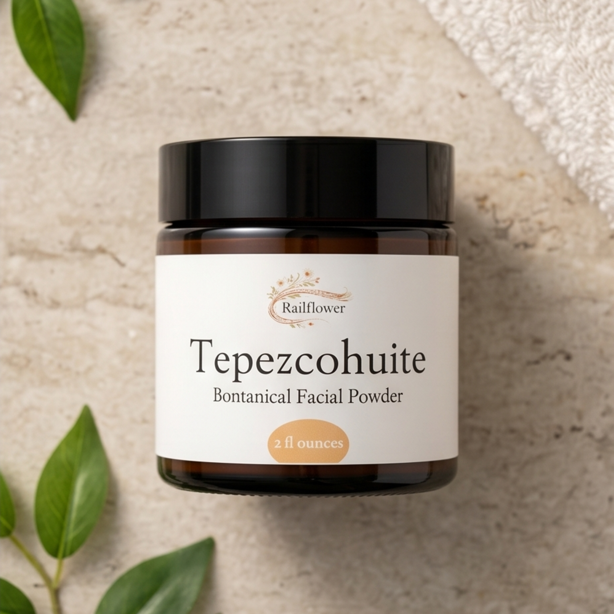 Jar of Tepezcohuite Bontanical Facial Powder with a Railflower label on a textured beige background.