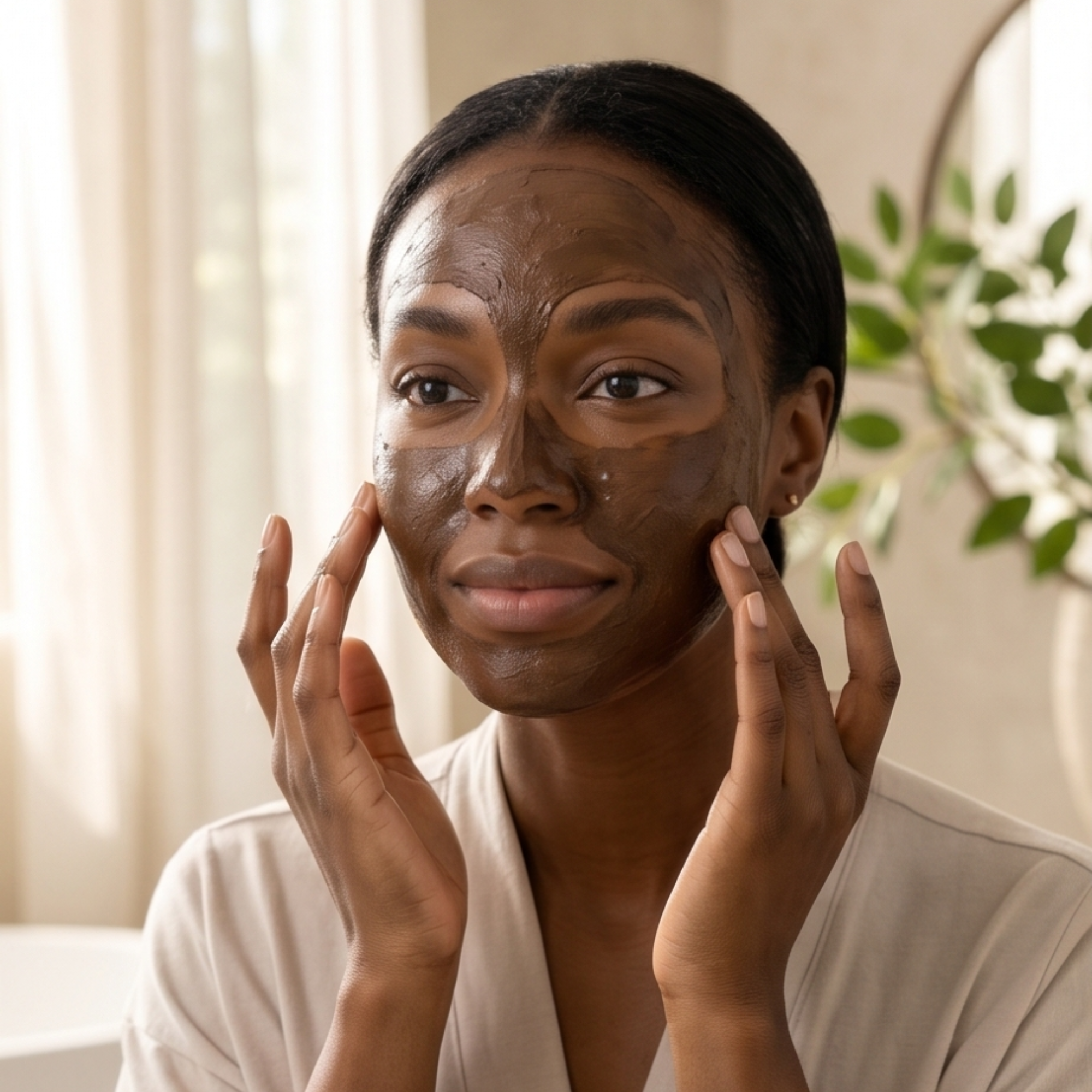 Woman applying a brown facial mask in a home setting