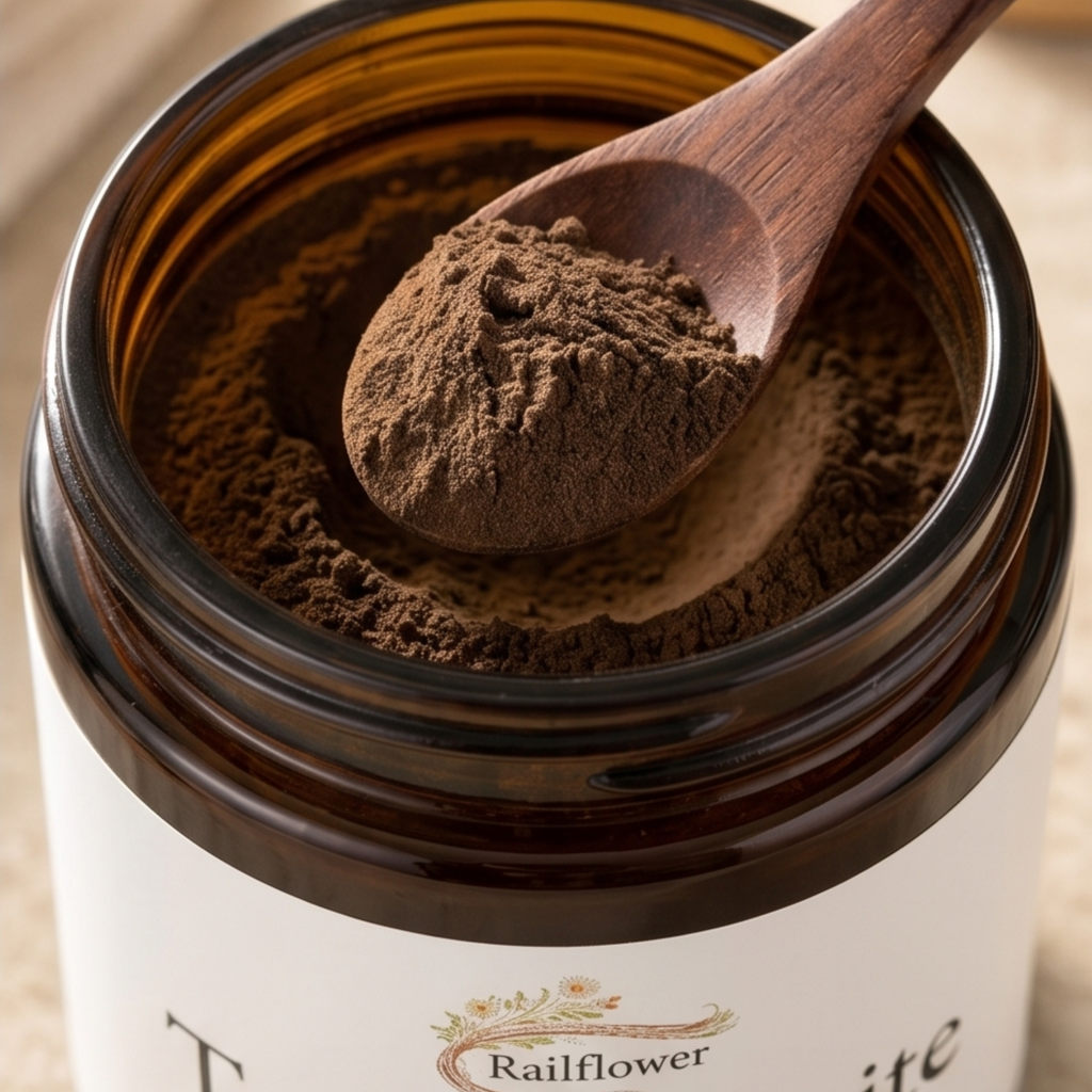 Open jar of brown powder with a wooden spoon inside, featuring the brand 'Railflower'.