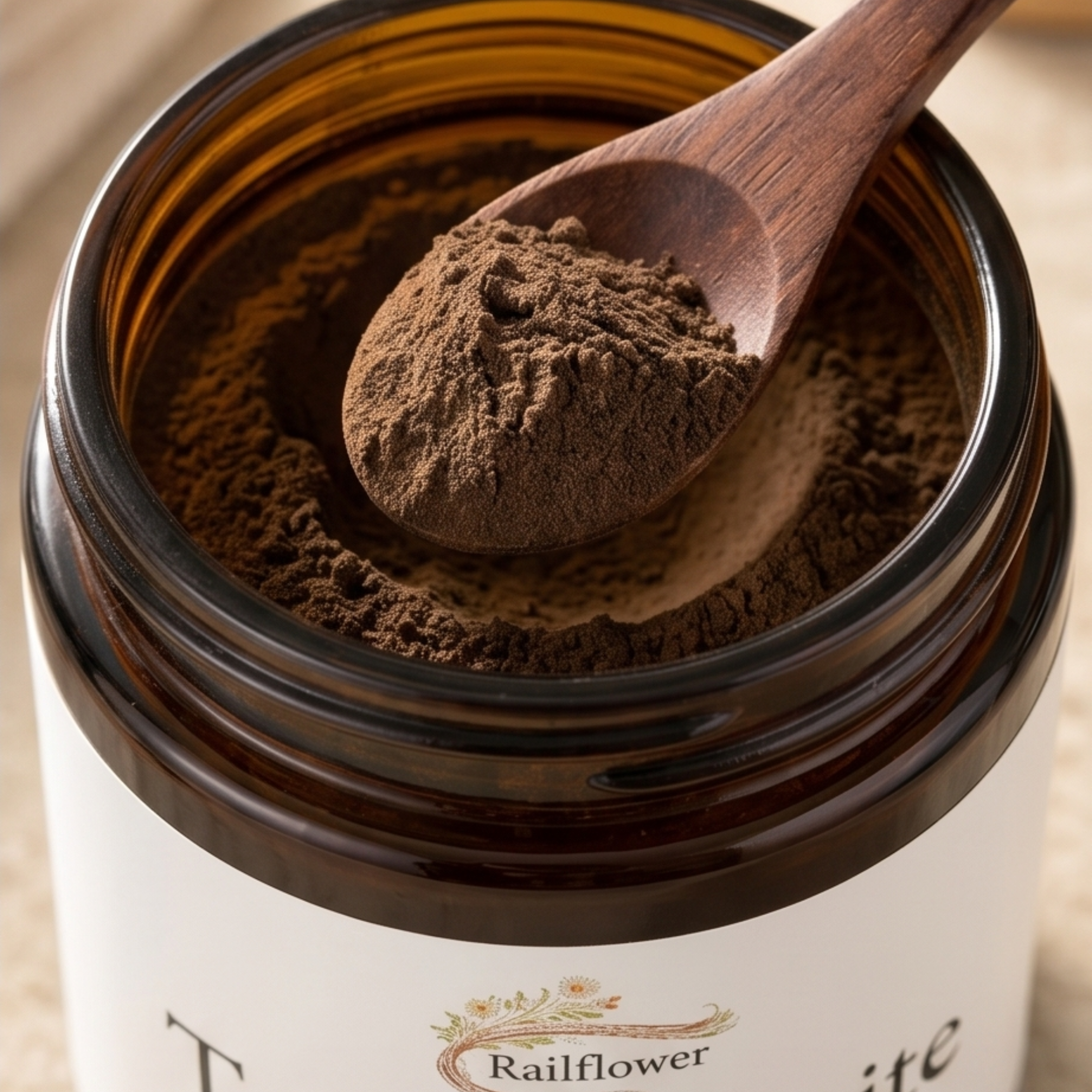 Open jar of brown powder with a wooden spoon inside, featuring the brand 'Railflower'.