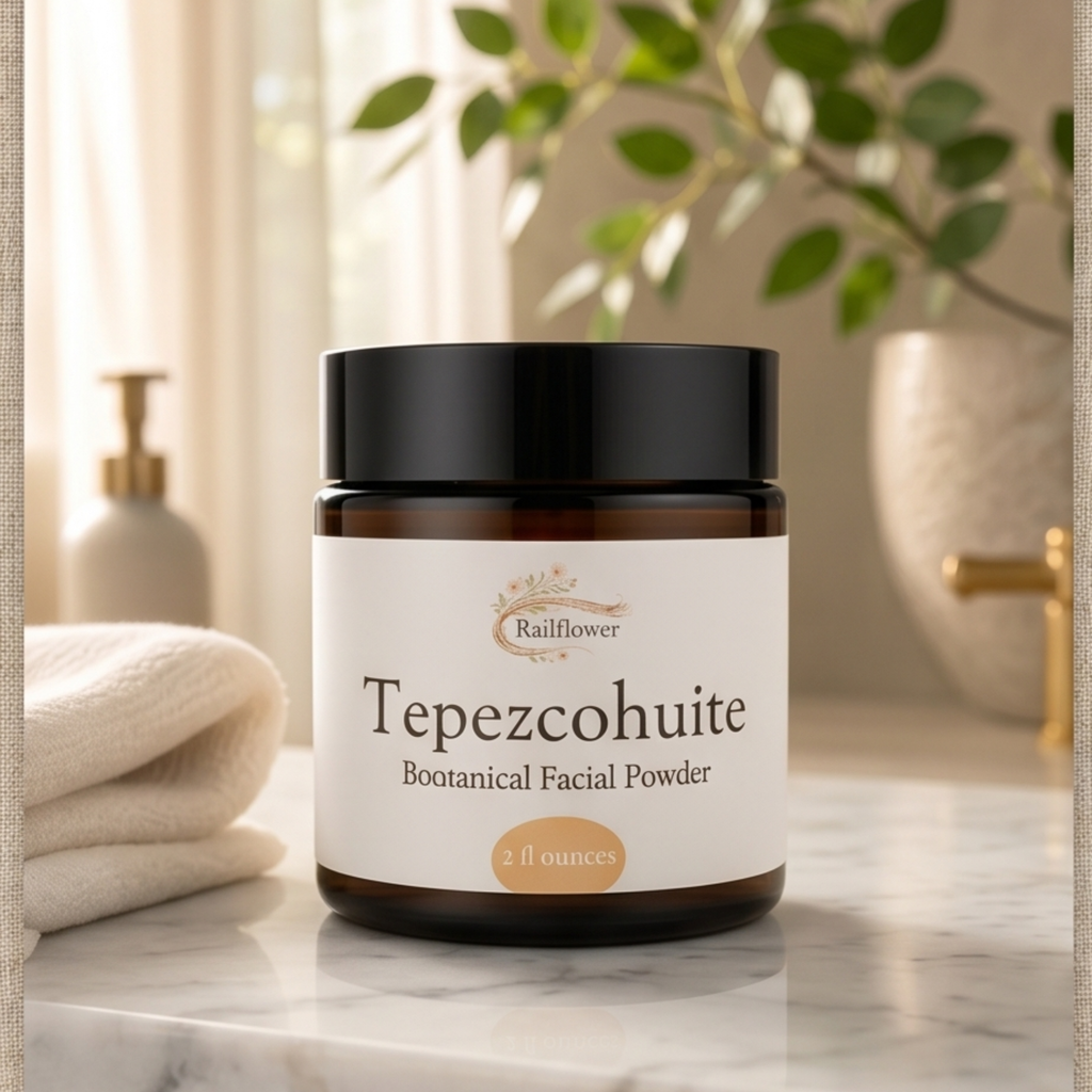 Jar of Railflower Tepezcohuite Botanical Facial Powder on a marble surface with a plant in the background.