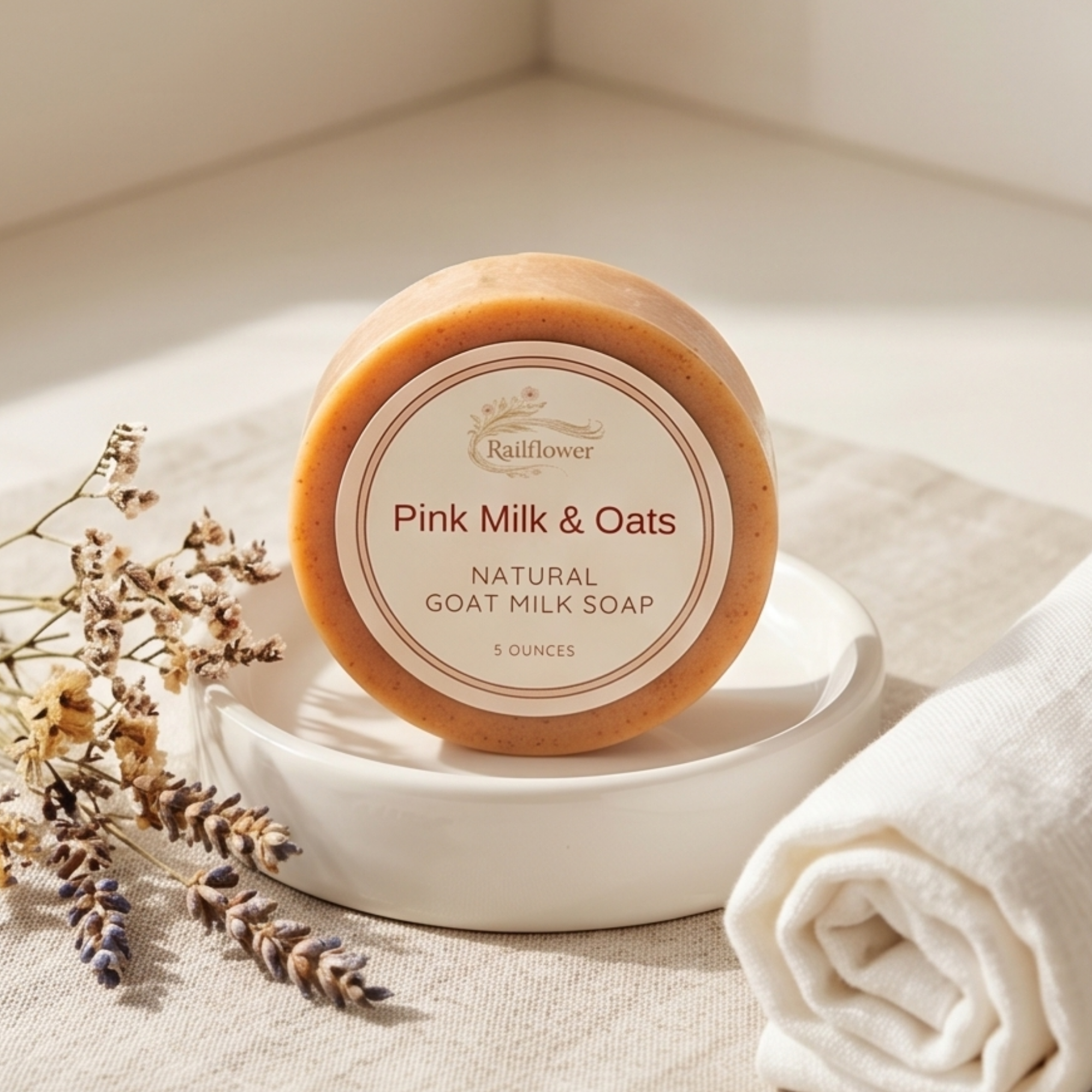 Pink milk and oats natural goat milk soap on a white plate with lavender and a towel in the background.