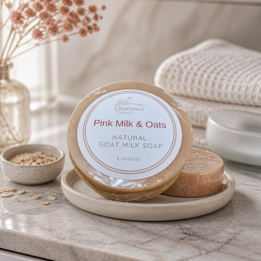 Two natural goat milk soaps labeled 'Pink Milk & Oats' on a marble surface with decorative elements.
